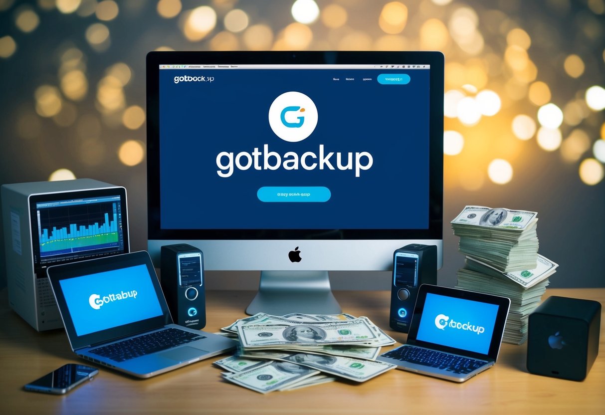 A computer screen displaying a website with the GotBackup logo, surrounded by various electronic devices and a stack of cash