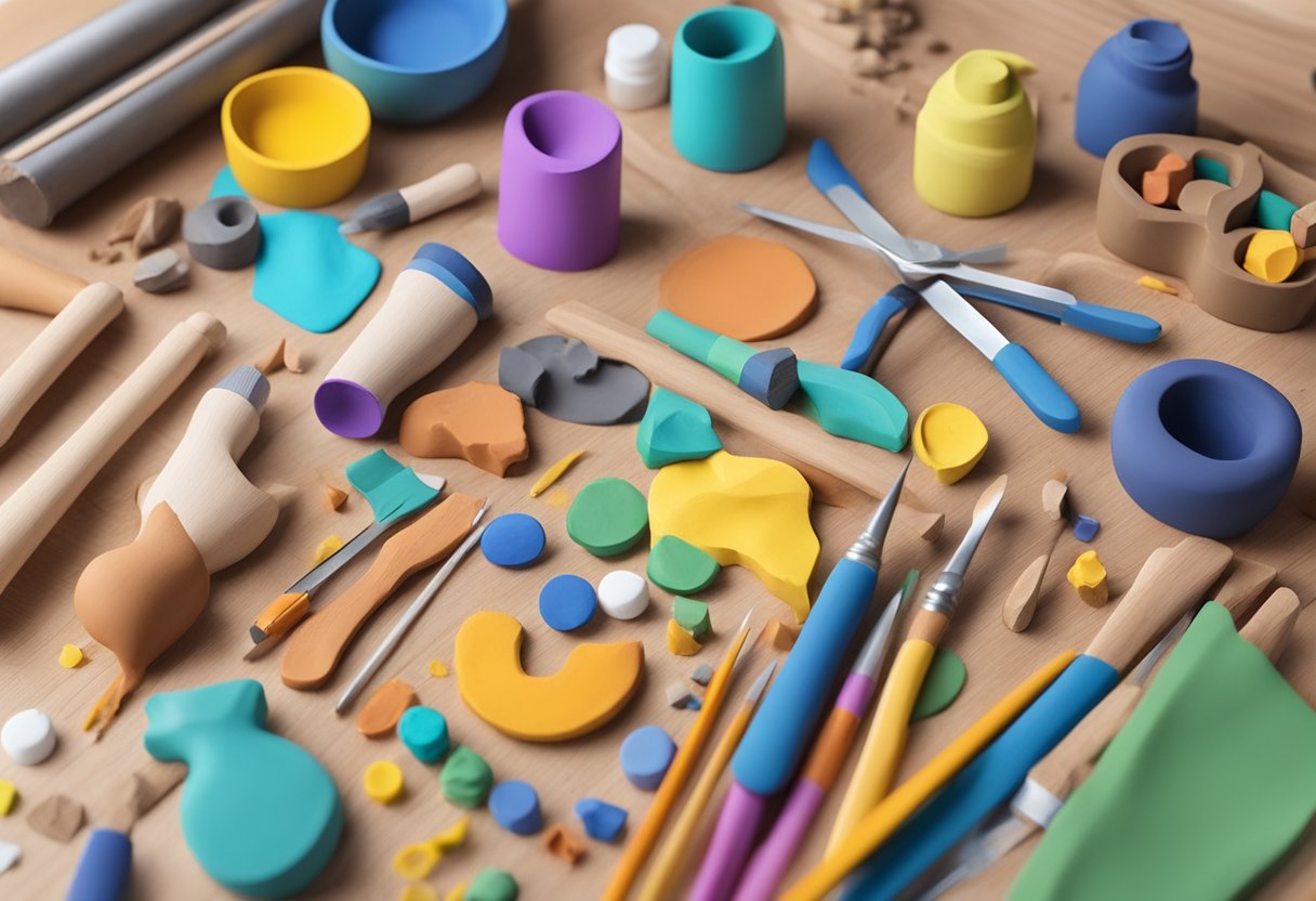 Colorful clay sculptures and tools scattered on a wooden table, with a backdrop of art supplies and finished DIY projects