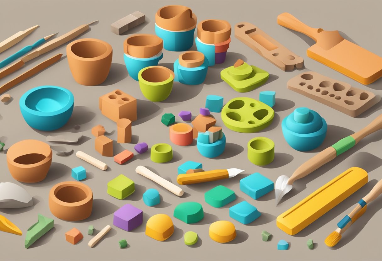 A work table with various clay tools, molds, and colorful clay blocks arranged neatly for a DIY project