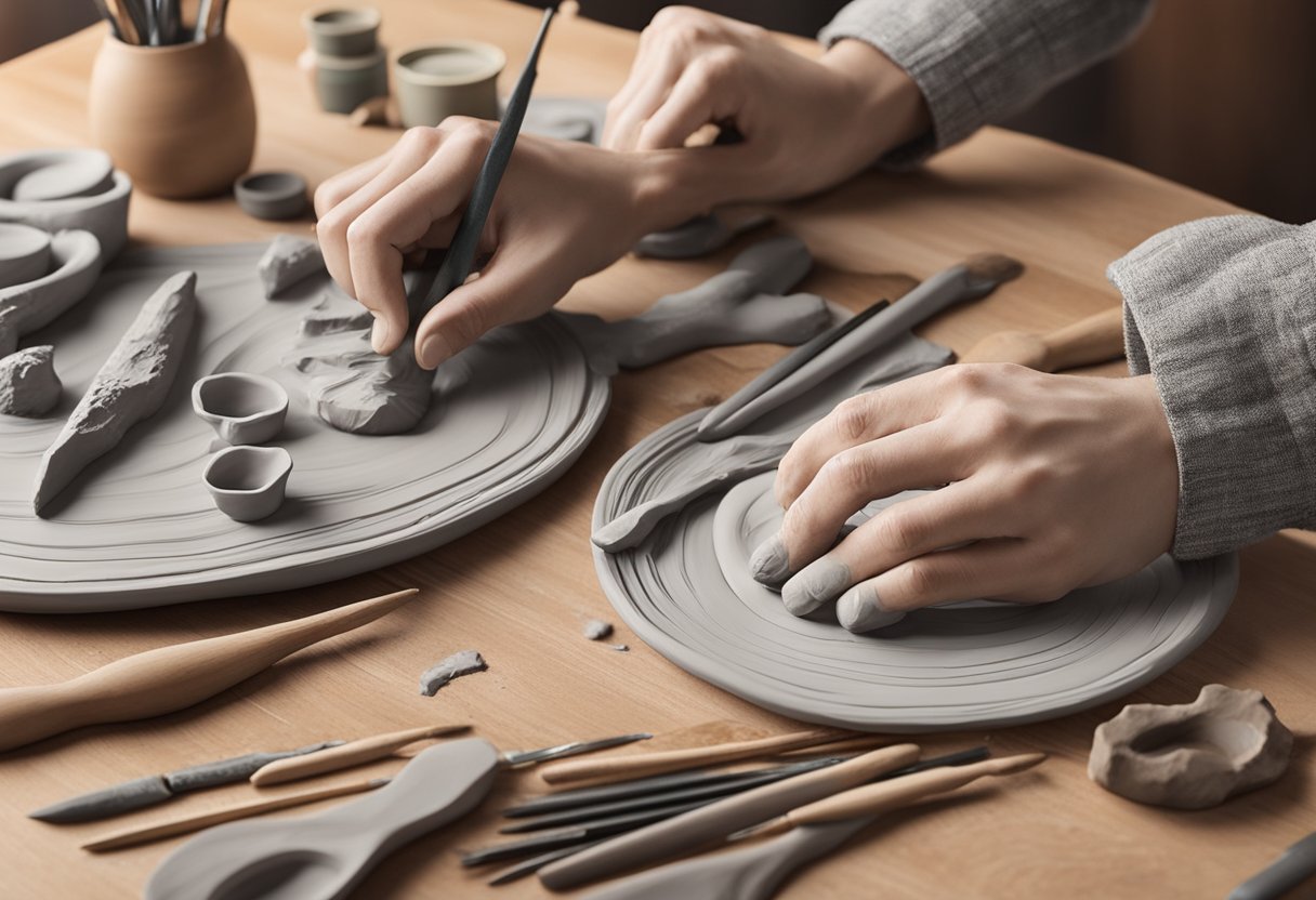 A pair of hands shaping clay on a wooden table, surrounded by sculpting tools, paintbrushes, and finished clay art pieces