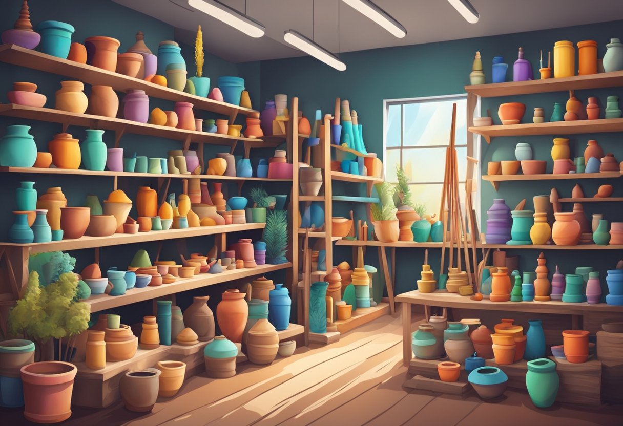 A colorful clay art studio with various tools and sculptures on display, surrounded by shelves of paint and brushes