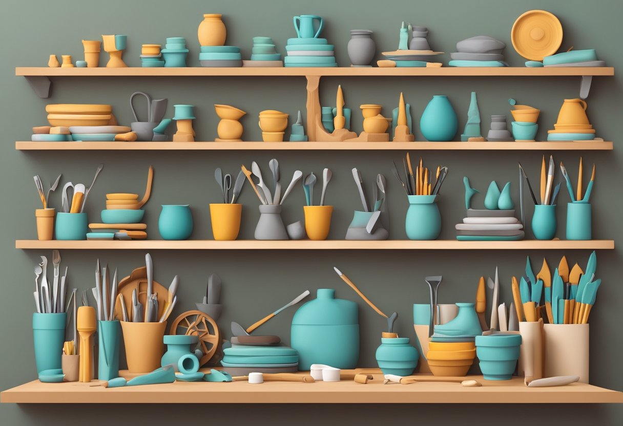 A table covered in sculpting tools and clay creations, with finished DIY projects displayed on shelves nearby