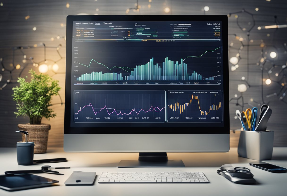 A Computer Monitor Displaying A Graph Of Website Traffic, Surrounded By Various Seo Tools And Charts