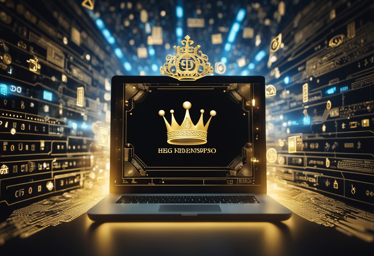 A Regal Crown Atop A Glowing Computer Monitor, Surrounded By Ai Symbols And Seo Keywords