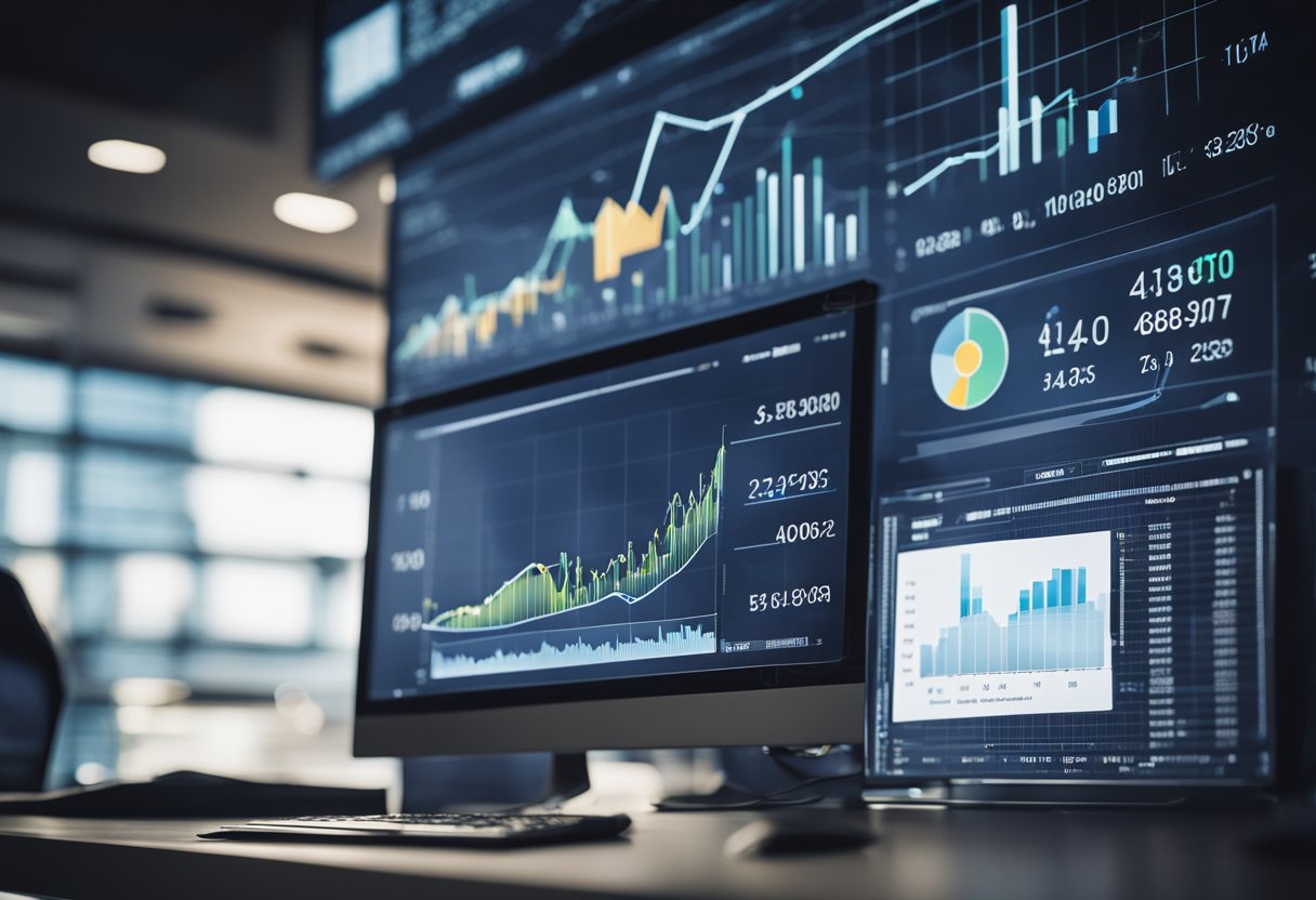 A Computer Screen Displays A Graph With A Rising Line, Surrounded By Various Charts And Data Visualizations