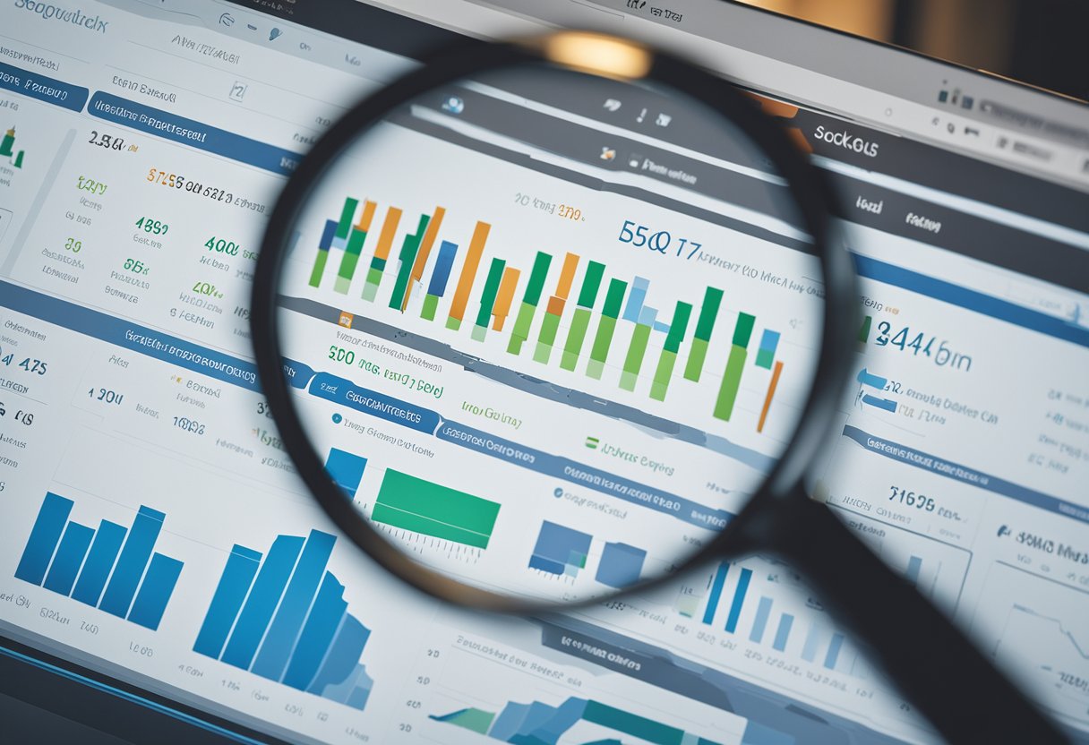 A Computer Screen Displaying Various Seo Tools And Data Charts. A Magnifying Glass Hovers Over The Screen, Symbolizing Enhanced Visibility Through Ai Seo In Malaysia