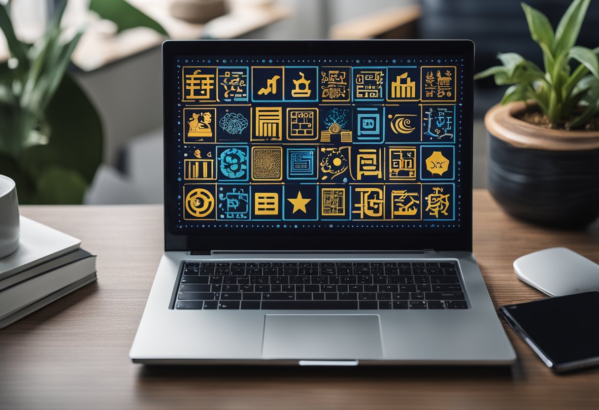 A Laptop Displaying Ai-Generated Content Tailored For Malaysian Audiences, Surrounded By Vibrant Cultural Symbols And Elements