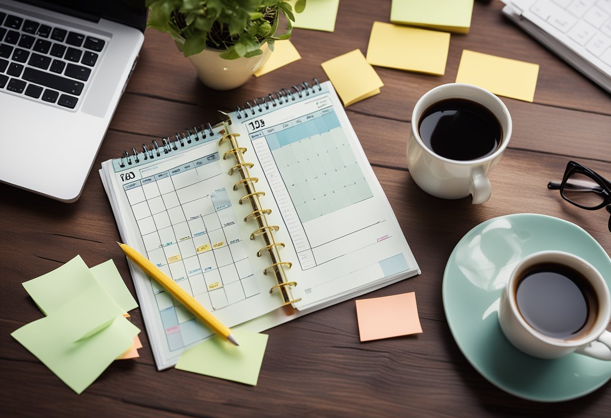 A cluttered desk with a calendar, laptop, and coffee mug. A clock on the wall shows the time. A to-do list and sticky notes are scattered around