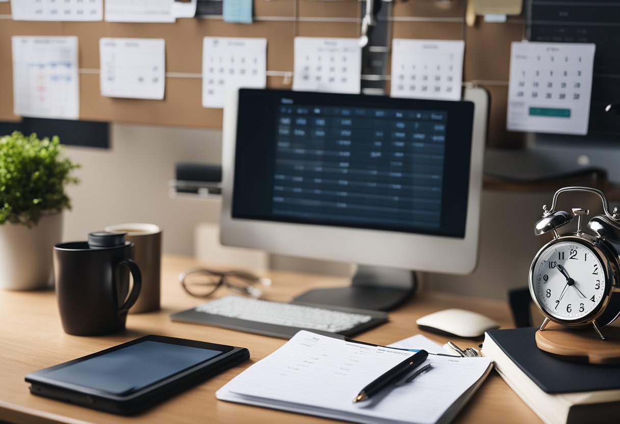 A cluttered desk with a calendar, laptop, and coffee mug. A clock on the wall shows different time zones. A to-do list is pinned to the bulletin board