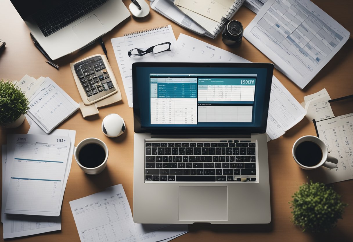 A cluttered desk with a laptop, calendar, and financial documents. A clock showing a busy schedule