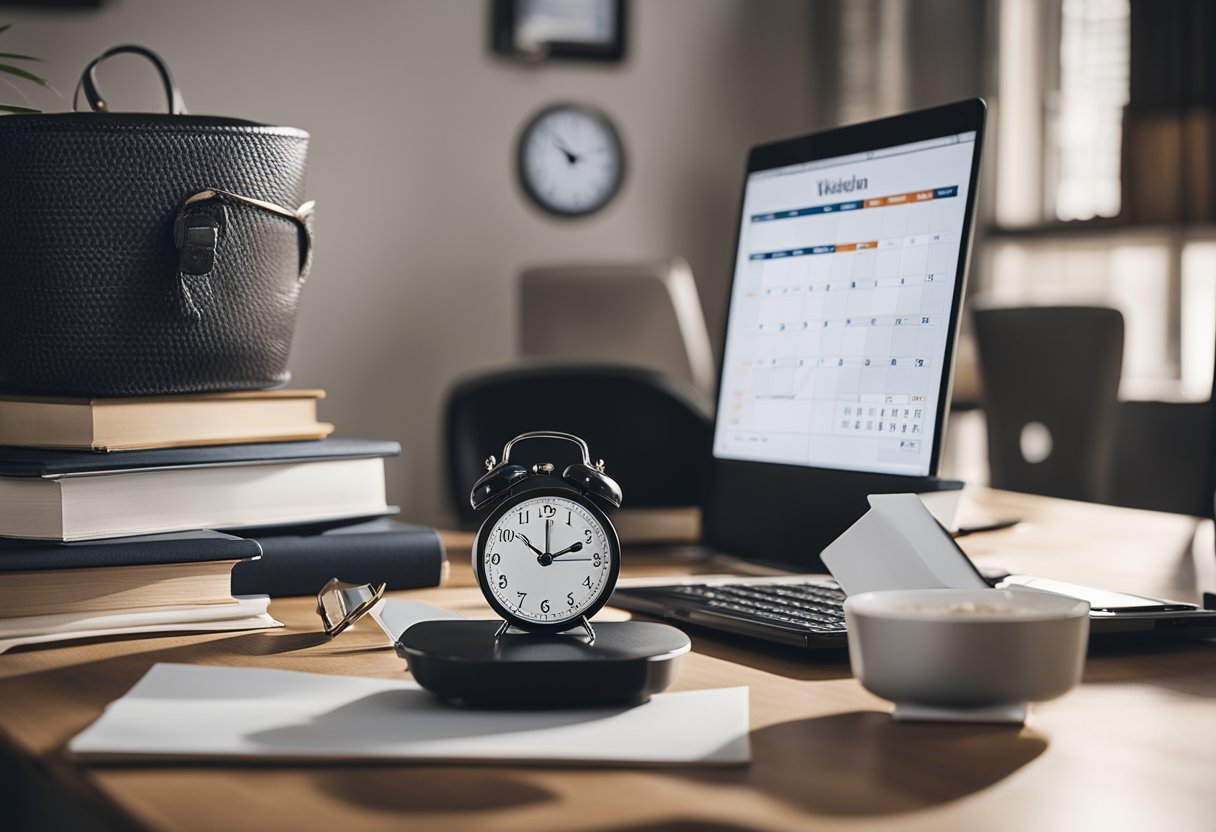 A freelancer at a desk with a laptop, surrounded by a calendar, clock, and a balance scale, with one side representing work and the other representing life