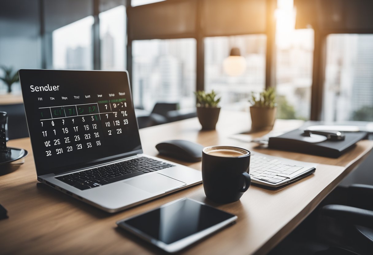 A freelancer at a desk with a calendar, clock, and laptop. Clear communication icons and a well-organized schedule