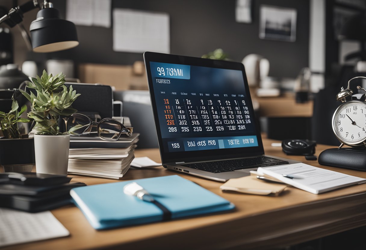 A cluttered desk with a calendar, laptop, and various distractions, while a clock on the wall shows the passing of time