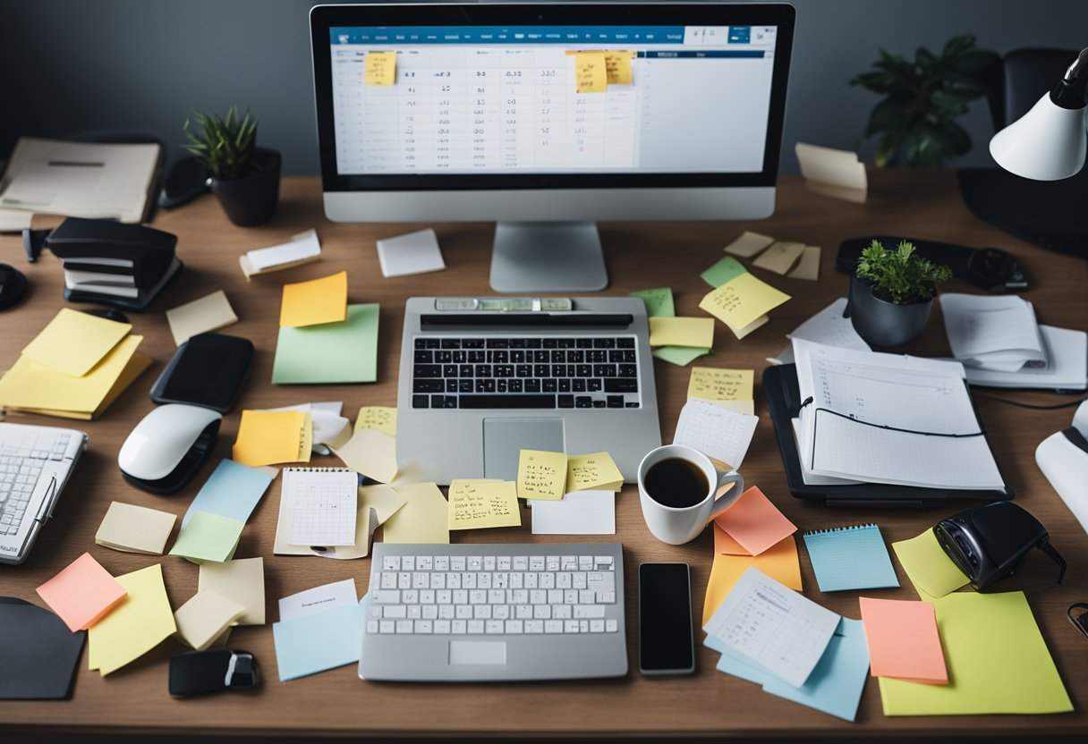 A cluttered desk with a computer, calendar, and clock. A to-do list and sticky notes are scattered around. A sense of urgency and organization is evident