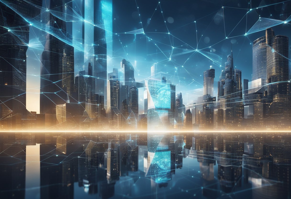 A futuristic cityscape with holographic web designs floating in the air, showcasing the latest trends in freelance web design for 2024