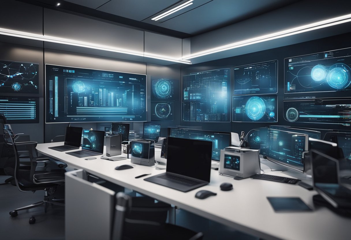A futuristic workspace with AI algorithms creating web designs. Trendy digital interfaces and cutting-edge technology