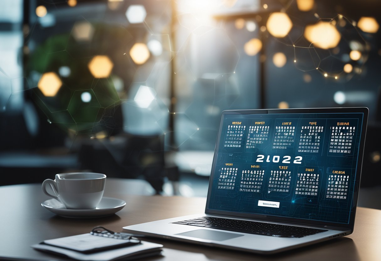 A laptop surrounded by futuristic web design elements, with a calendar showing 2024 in the background