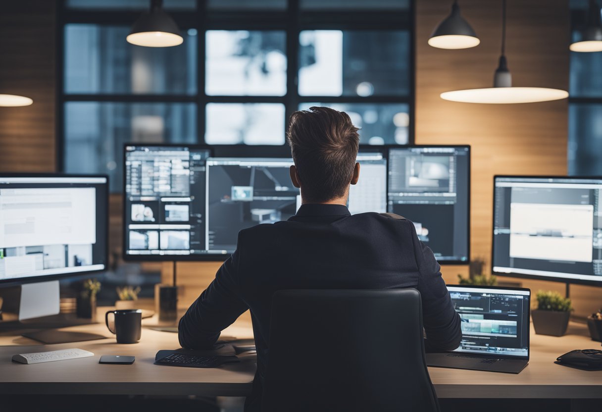 A freelancer at a desk, surrounded by computer screens, sketching out website designs with a focused expression