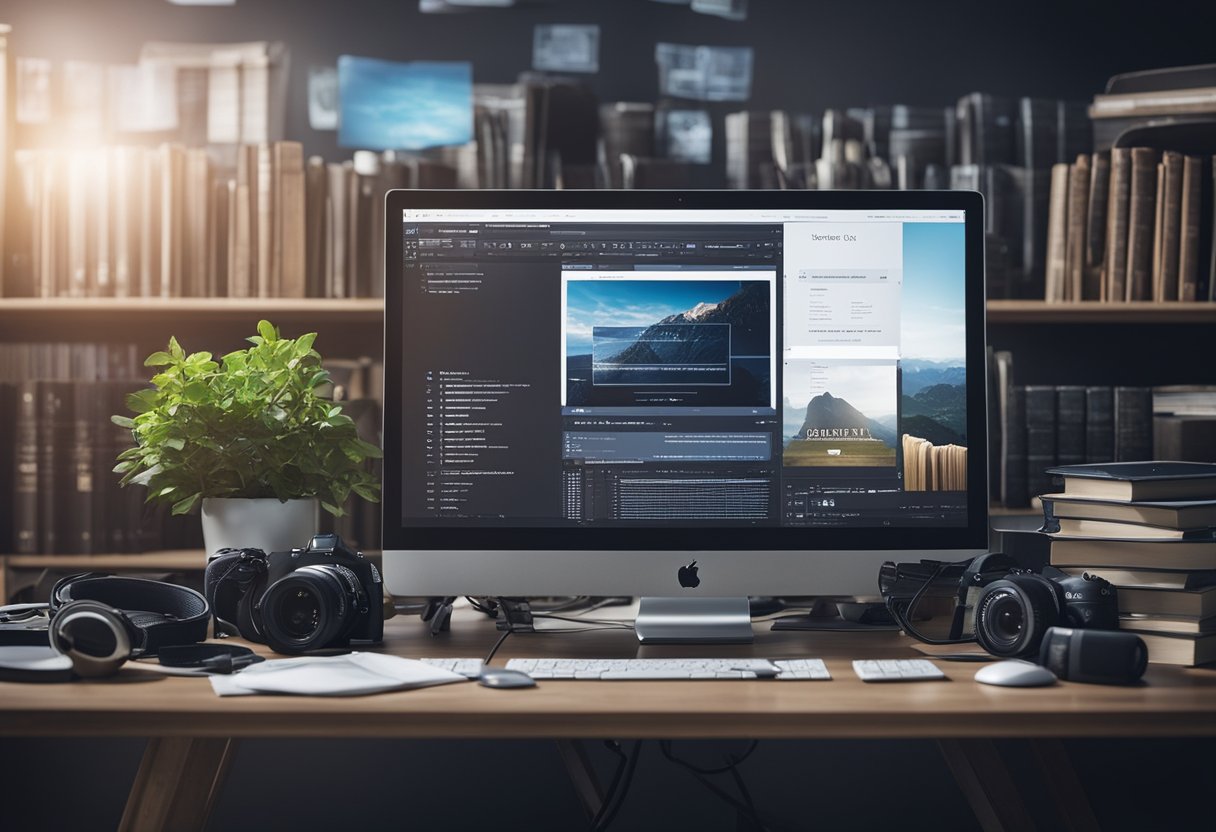 A computer with various web design tools and software open on the screen, surrounded by design books and inspirational images