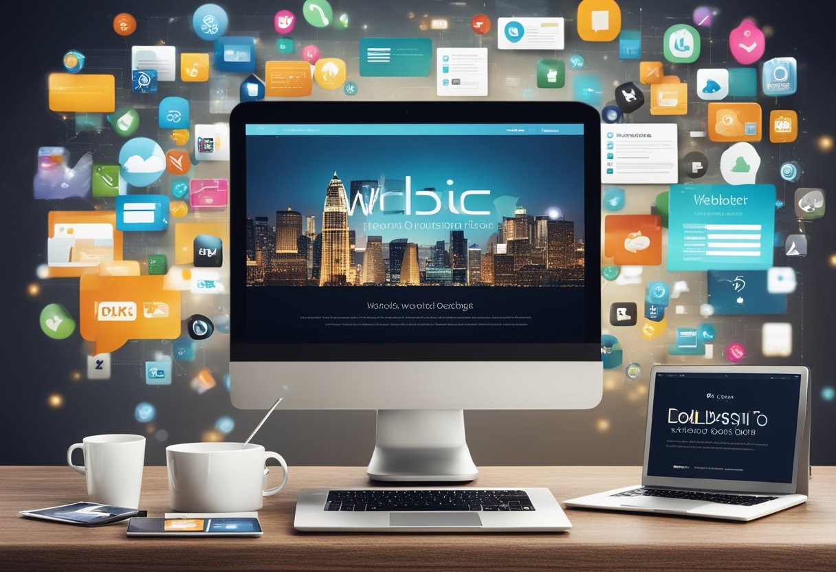 A laptop displaying a personalized website, surrounded by various web design tools and elements, with a unique logo and color scheme