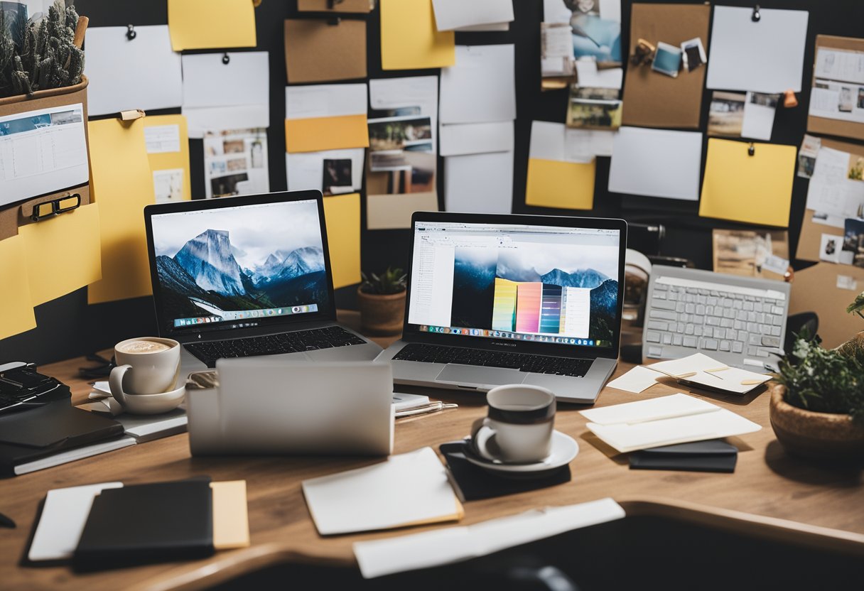 A cluttered desk with a laptop, sketchbook, and coffee mug. A web design mood board hangs on the wall, surrounded by sticky notes and color swatches