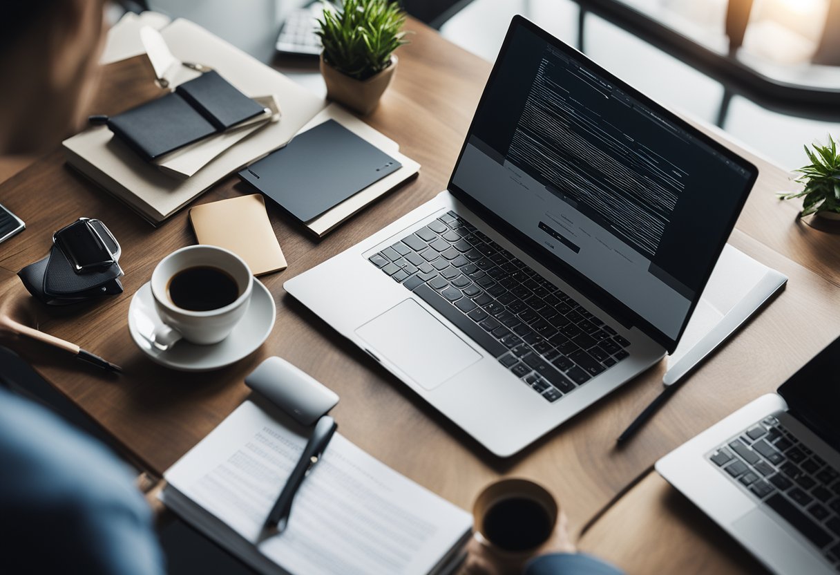 A laptop surrounded by web design tools and a variety of client websites on a desk, with a focused freelancer working diligently
