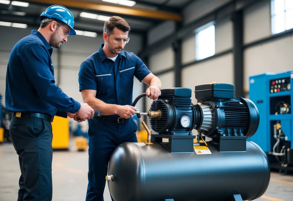 A technician adjusts a powerful rotary screw air compressor in a modern industrial workshop