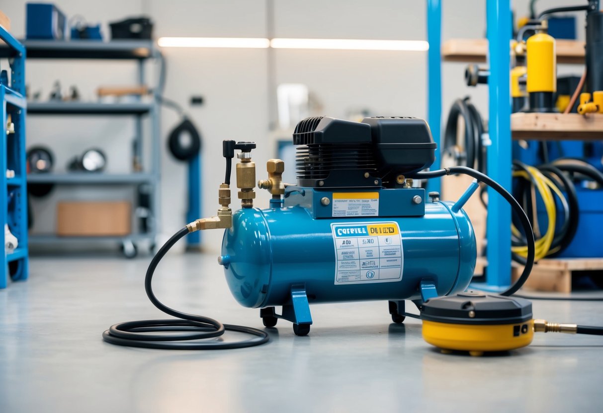 An industrial air compressor in a clean, well-lit workshop, connected to various pneumatic tools and equipment
