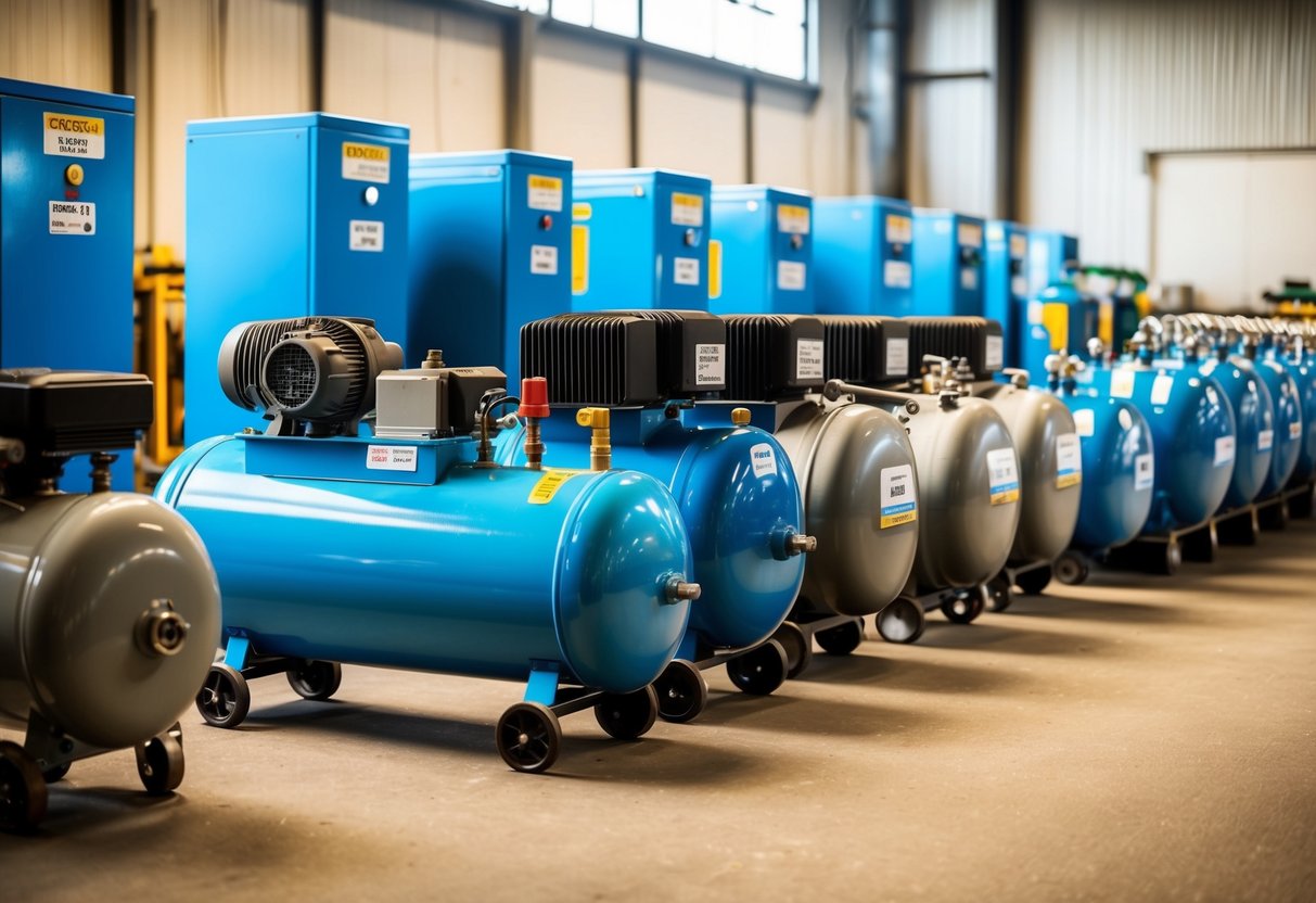 An industrial setting with various types of air compressors lined up, with labels indicating their efficiency