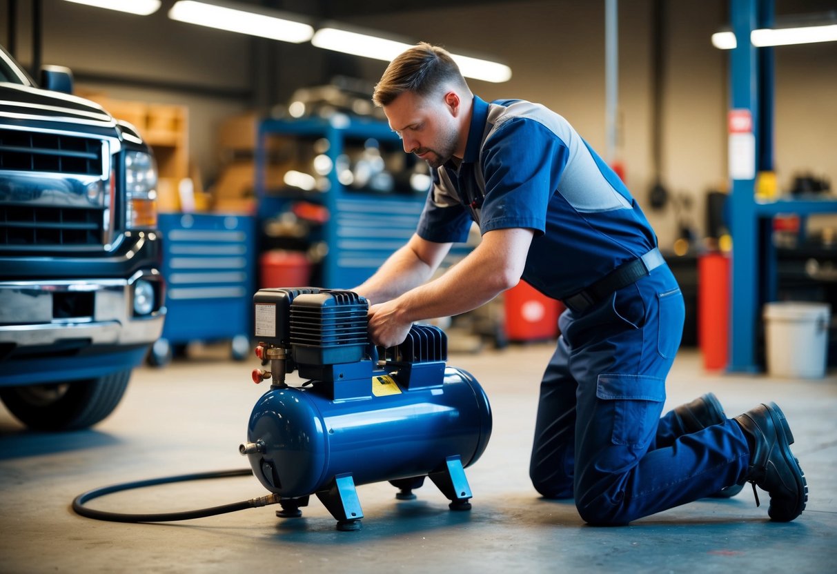 A mechanic adjusting a powerful air compressor in a well-lit workshop