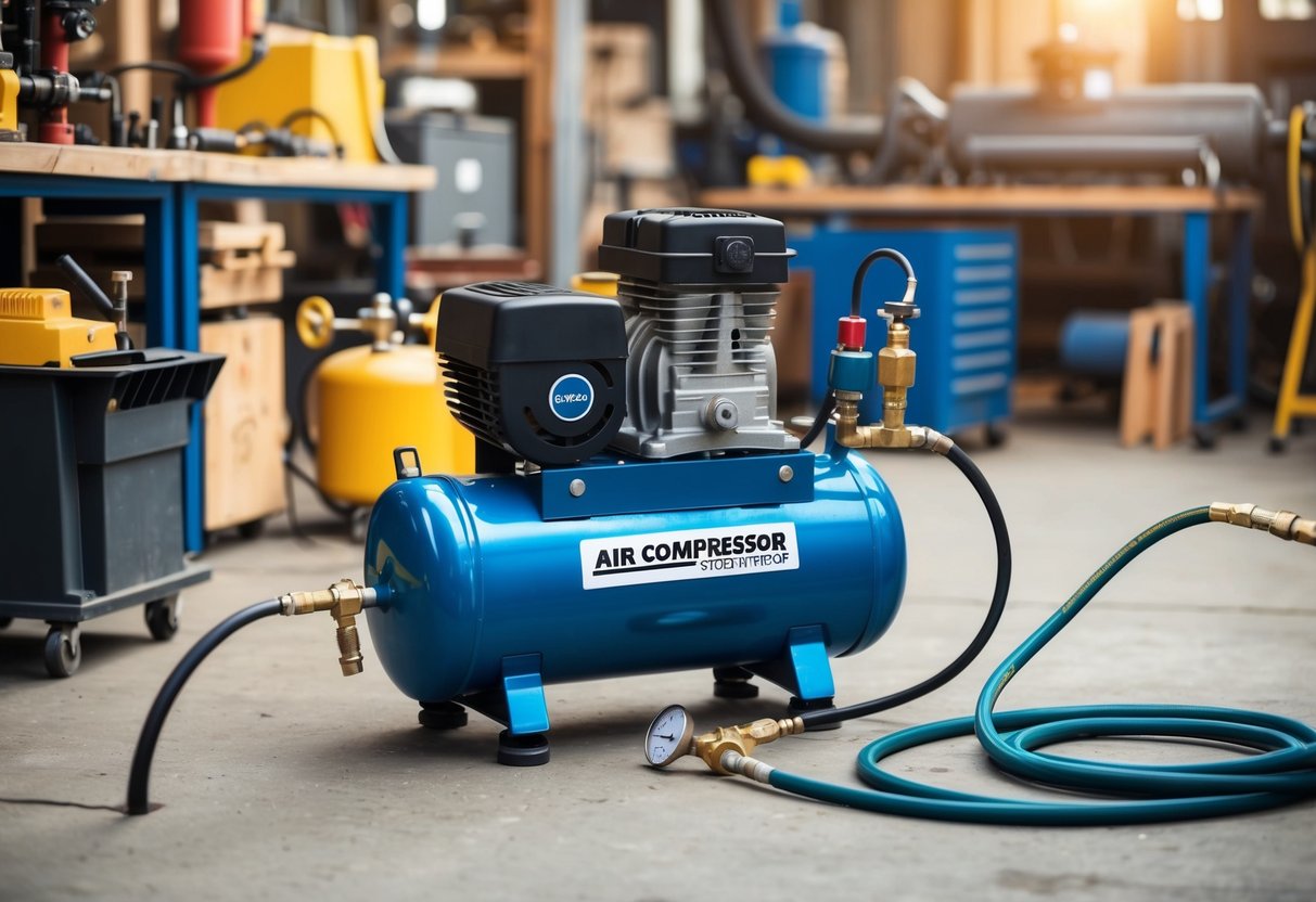 An industrial air compressor in operation, connected to various pneumatic tools and equipment in a busy workshop