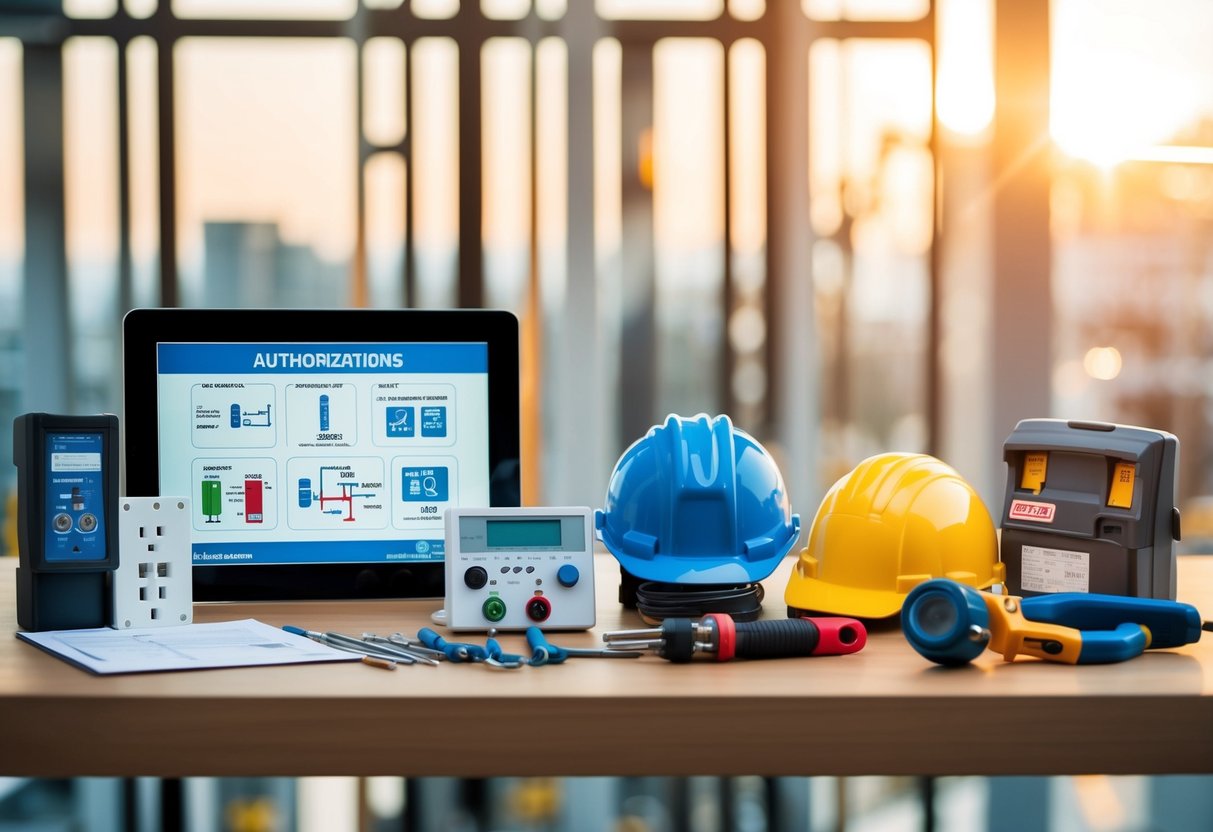 Ett antal elektriska auktoriseringar visas, inklusive diagram, verktyg och säkerhetsutrustning