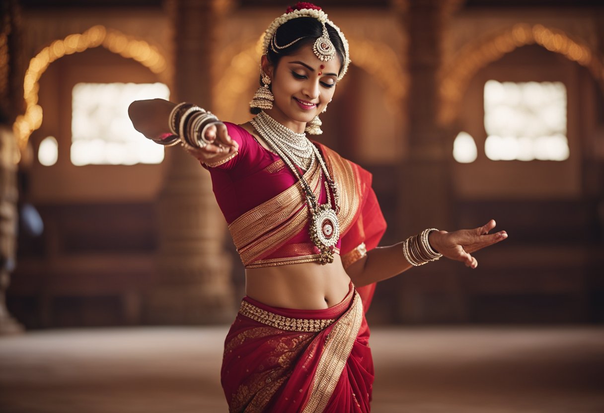 एकGraceful Odissi नर्तकी पारंपरिक मंदिर के माहौल में जटिल पैरों के काम और अभिव्यक्तिपूर्ण चेहरे के हाव-भाव का प्रदर्शन कर रही है