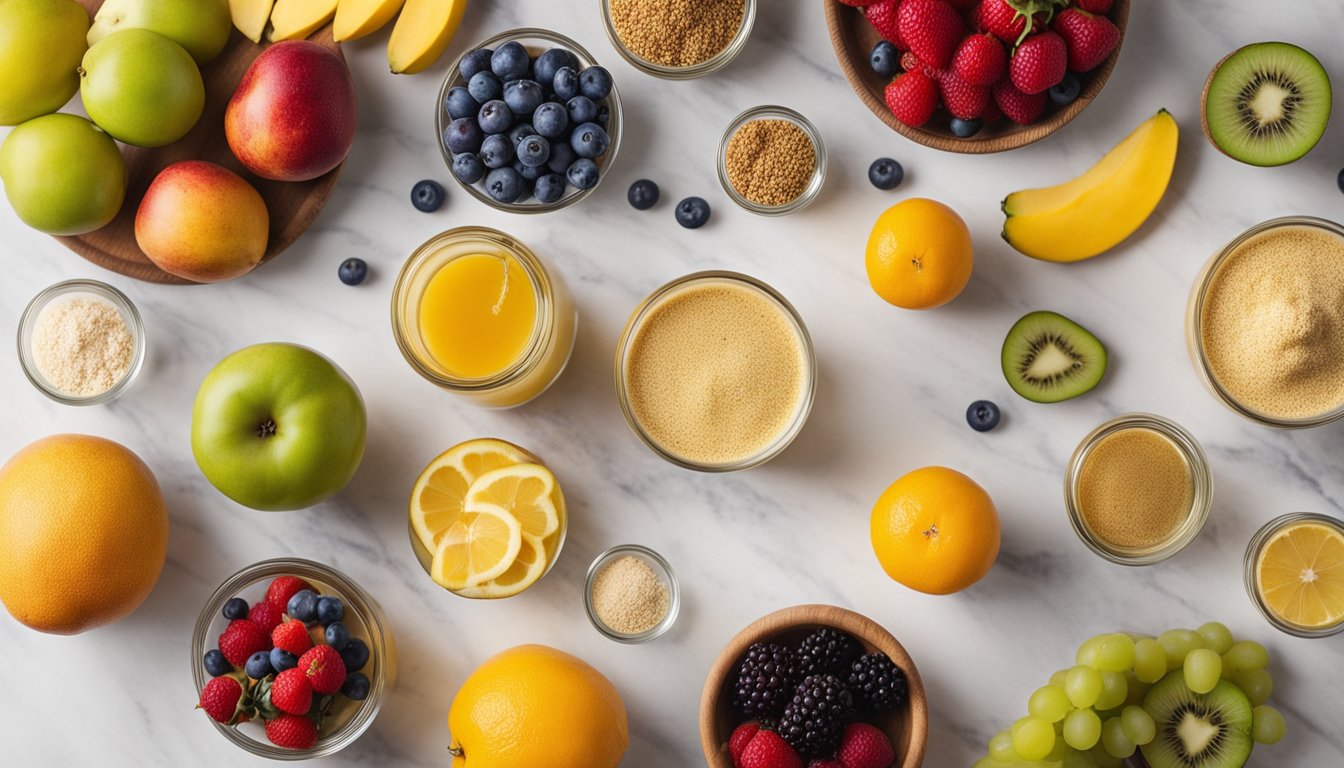 A flat lay composition with fresh fruits, info cards, smoothie, and nutritional yeast on a marble surface, highlighted by directional lighting