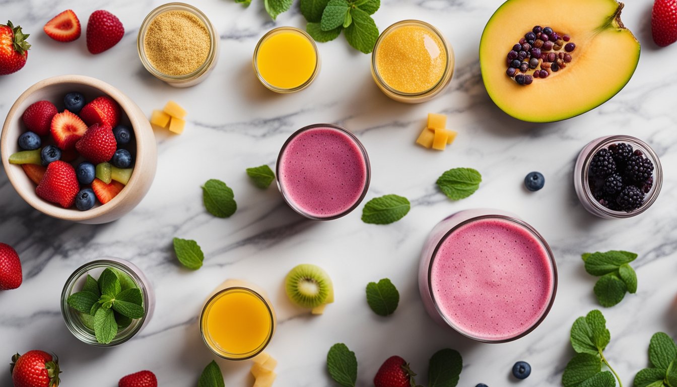 A flat lay with a rainbow of fruits, smoothie, and nutritional yeast on a marble surface, highlighted by directional lighting