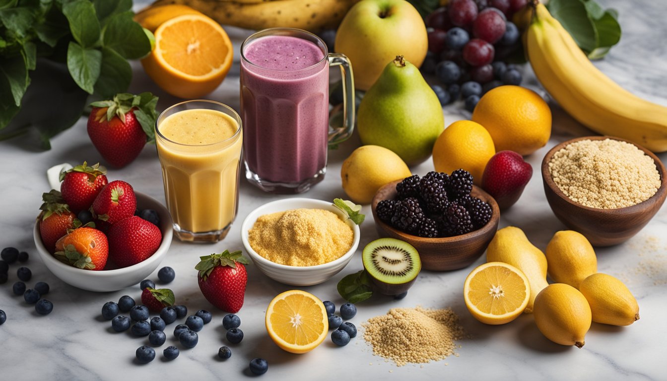 A flat lay of fresh fruits, smoothie, and nutritional yeast on a marble surface, with directional lighting accentuating textures