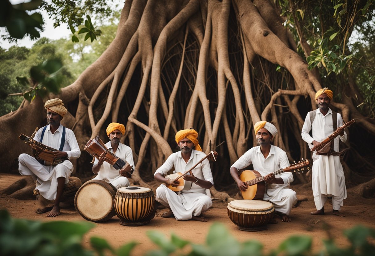 एक समूह संगीतकार पारंपरिक वाद्ययंत्र बजाते हुए एक बड़ के पेड़ के नीचे ओडिशा के एक ग्रामीण गांव में हैं। लोक संगीत की धुनें हवा में गूंजती हैं जबकि ग्रामीण अपनी दैनिक गतिविधियों में व्यस्त हैं।