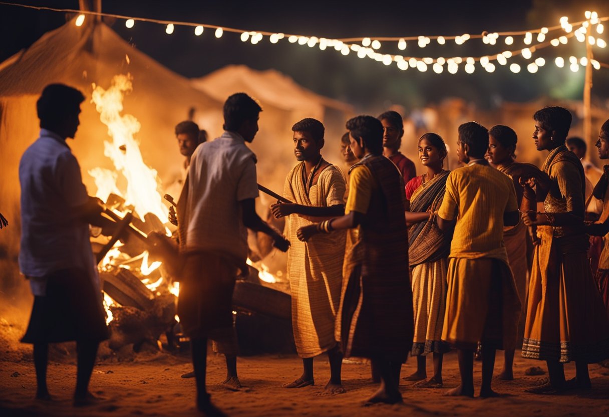 एक समूह ग्रामीणों का अलाव के चारों ओर इकट्ठा होता है, पारंपरिक वाद्य यंत्र बजाते हैं और ओडिशा के लोक संगीत की जीवंत धुनों पर नृत्य करते हैं।