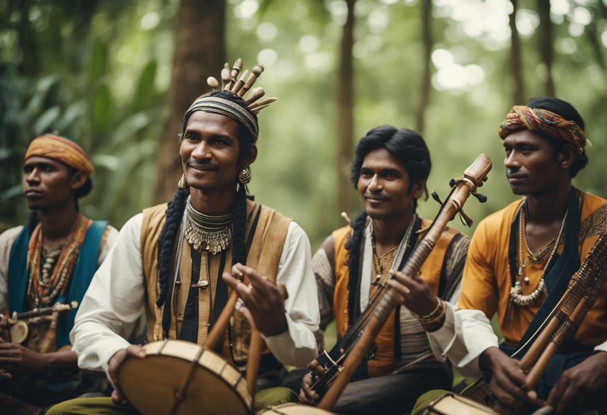 एक समूह आदिवासी संगीतकार पारंपरिक वाद्य यंत्र बजा रहा है एक जंगल की खुली जगह में, चारों ओर हरी-भरी वनस्पति और वन्यजीवों से घिरा हुआ।