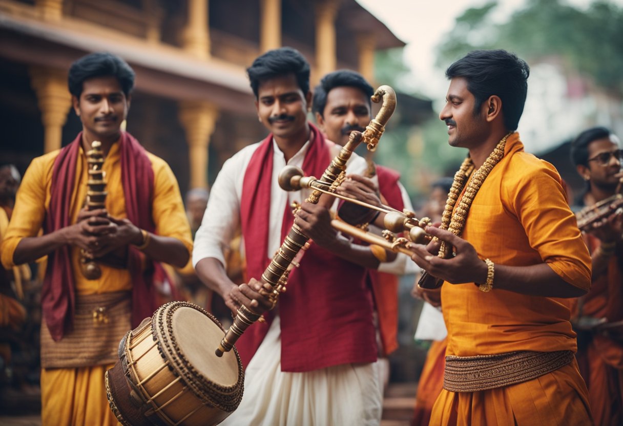 एक समूह संगीतकारों का पारंपरिक ओड़िया वाद्ययंत्र बजाते हुए एक मंदिर के आंगन में, भक्तों से घिरे हुए जो भक्ति संगीत पर गा रहे और नाच रहे हैं।