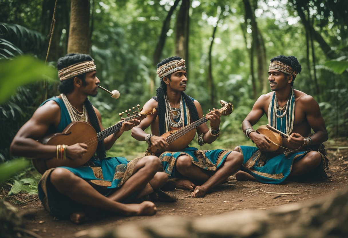 एक समूह आदिवासी संगीतकार पारंपरिक वाद्य यंत्र बजा रहा है, एक जंगल की खुली जगह में, हरे-भरे पेड़-पौधों और वन्यजीवों से घिरा हुआ।