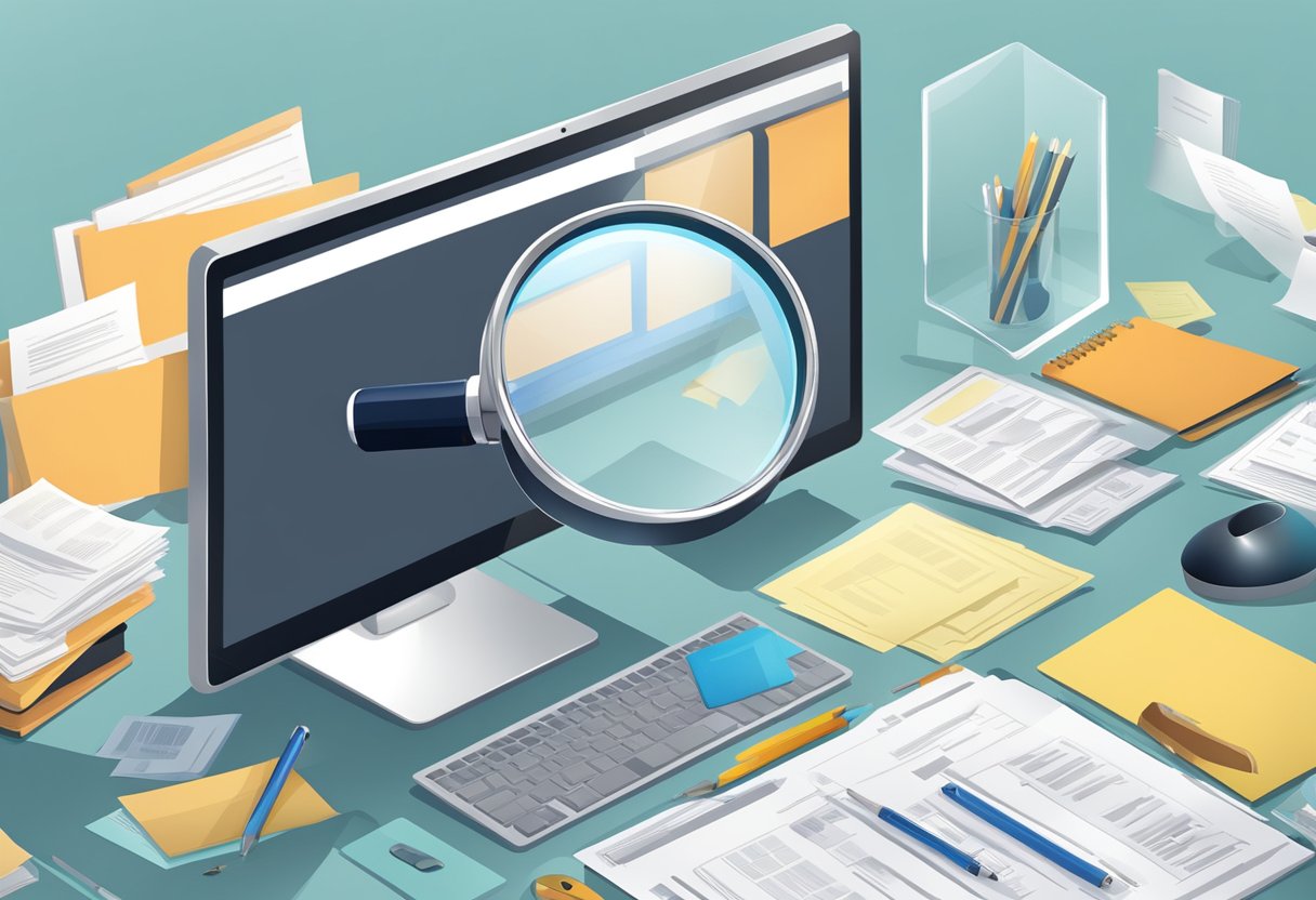 A magnifying glass over a computer monitor with various documents and files scattered around