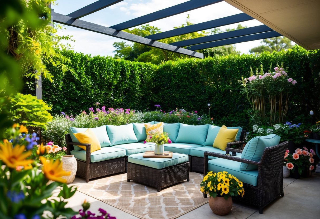 A cozy outdoor living space with a comfortable seating area, surrounded by lush greenery and colorful flowers, with a pergola overhead for shade