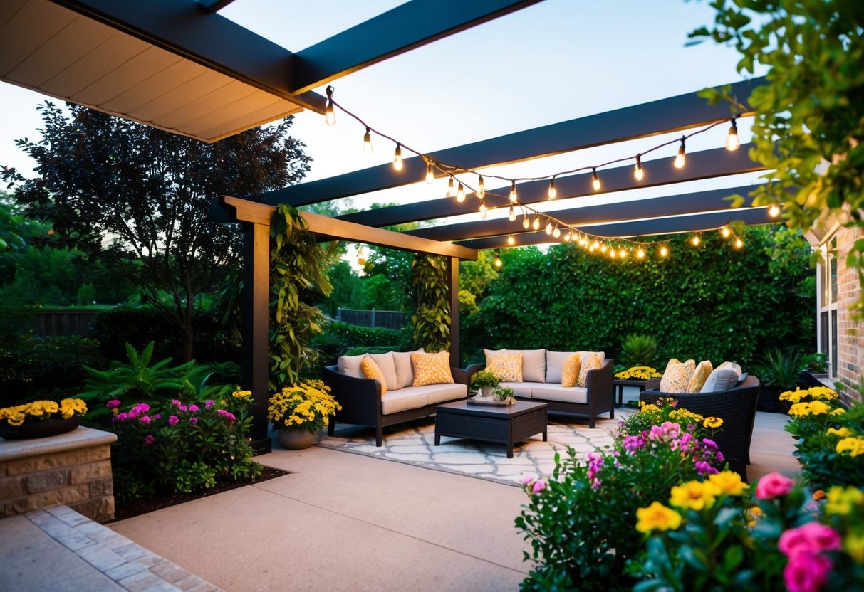 A spacious patio with a cozy seating area, surrounded by lush greenery and colorful flowers. A pergola provides shade, and string lights hang overhead for a warm, inviting ambiance