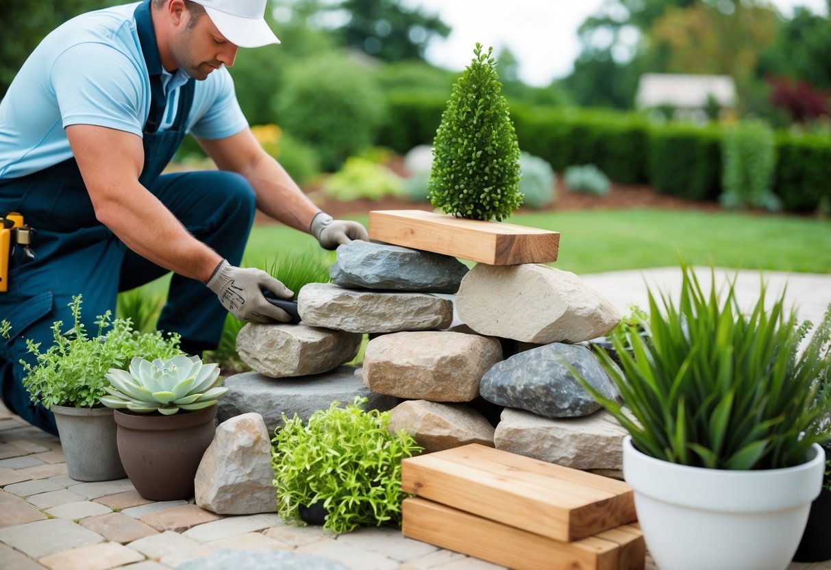 A landscaper arranging natural stone, wood, and plants for an outdoor living space