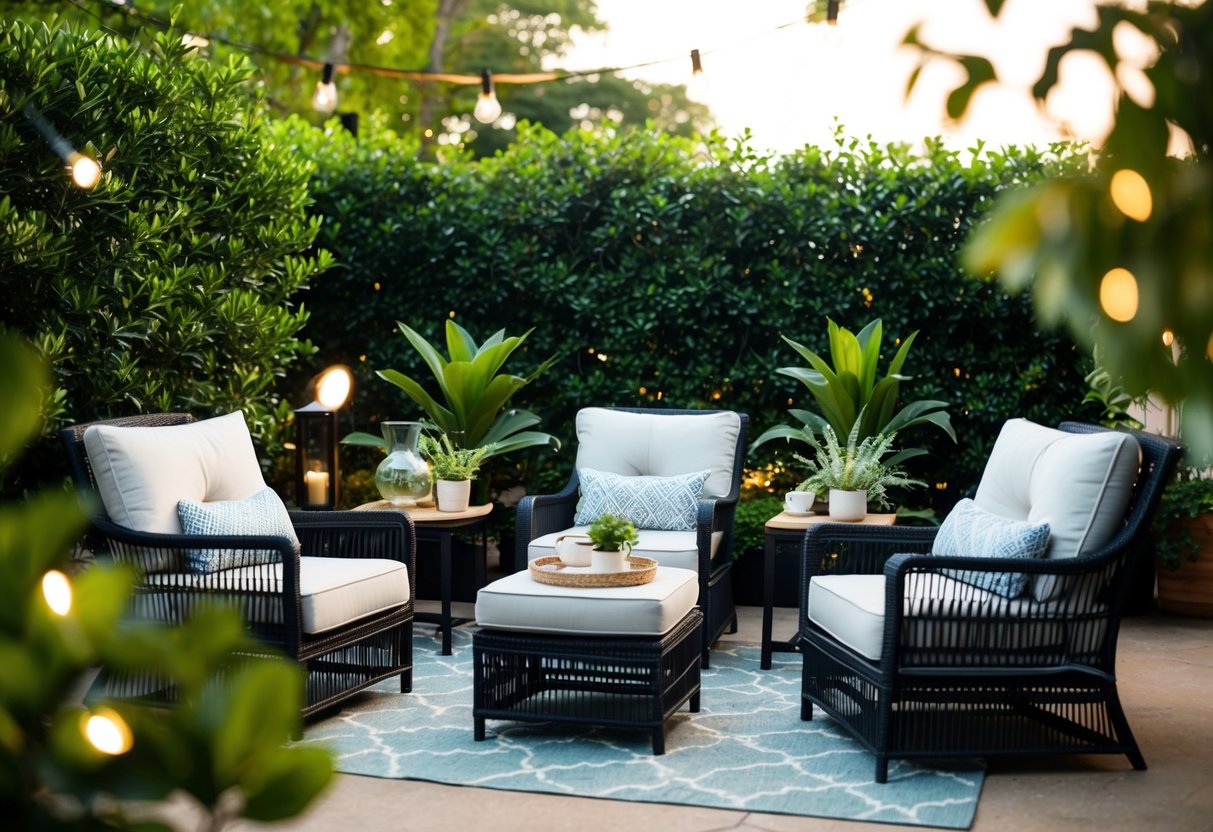 A cozy outdoor seating area with comfortable chairs, surrounded by lush greenery and soft lighting, creating a welcoming and relaxing atmosphere