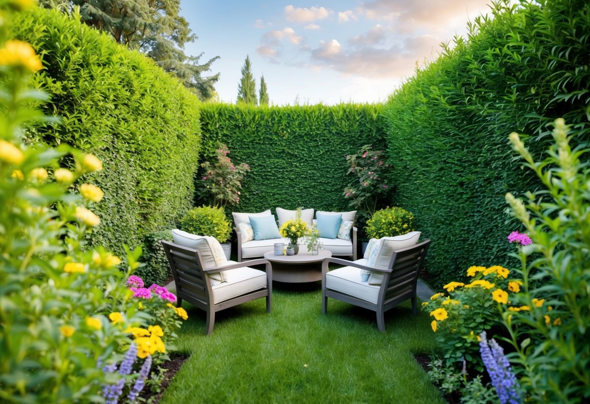 A lush garden with tall hedges and colorful flowers surrounds a cozy outdoor seating area, providing both beauty and privacy