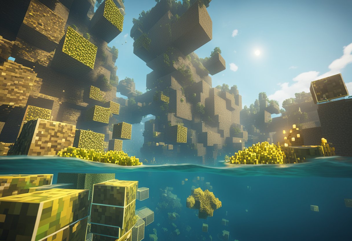 A player mining underwater, breaking blocks to collect sponges in Minecraft