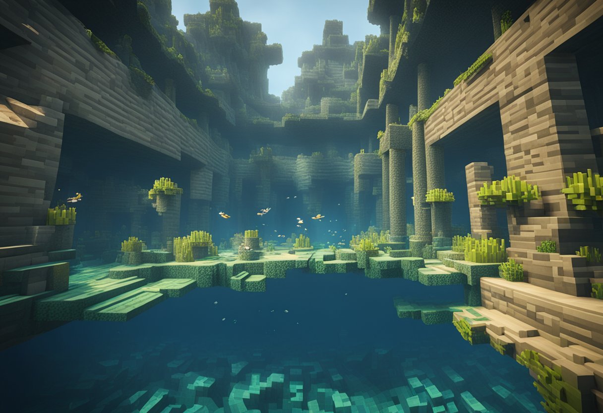 A player dives into an underwater ruin, breaking blocks to uncover hidden sponges in Minecraft