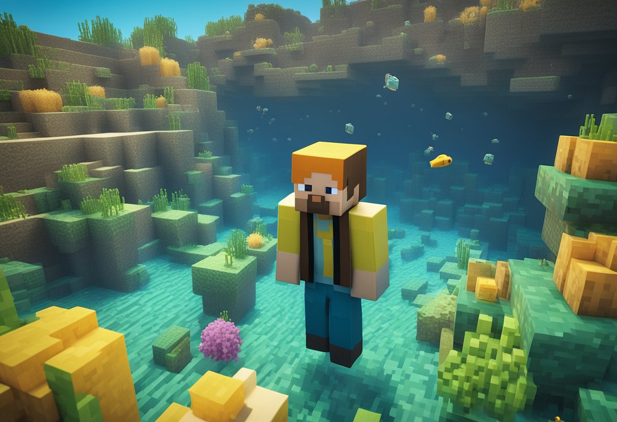 A character in Minecraft gathers sponges from the ocean floor using a pickaxe while avoiding underwater creatures